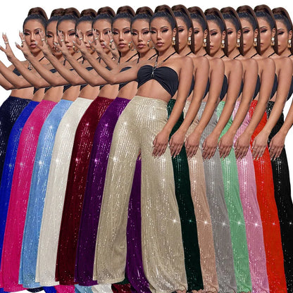 Vintage Bling Bling Sequined Pants Sexy Women High Waist Elegant Night Club Shiny Sequins Trousers