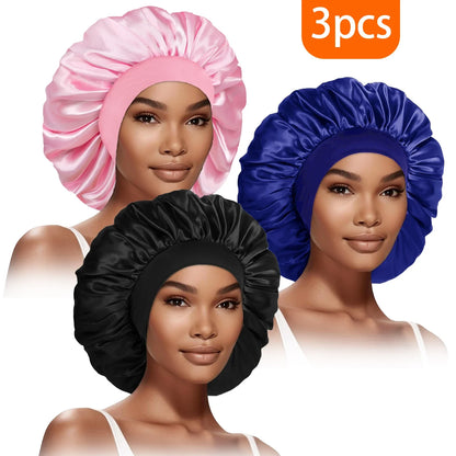 3pcs Satin Bonnet for Women Extra Wide Brim Silk Sleep Cap - Curly Hair Care, Gym & Travel, Breathable Elastic Band