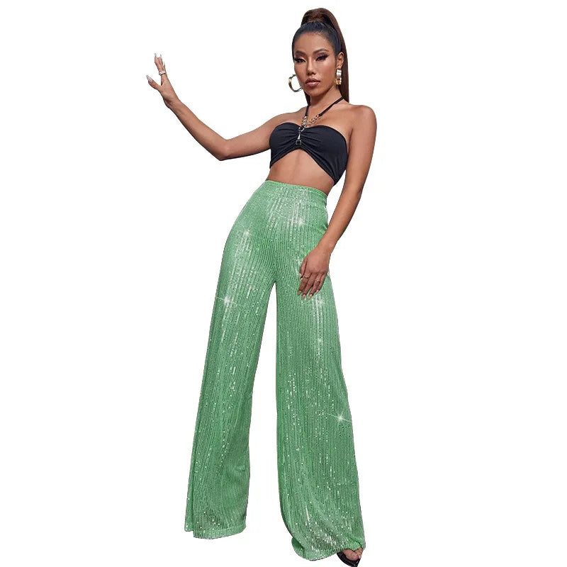 Vintage Bling Bling Sequined Pants Sexy Women High Waist Elegant Night Club Shiny Sequins Trousers