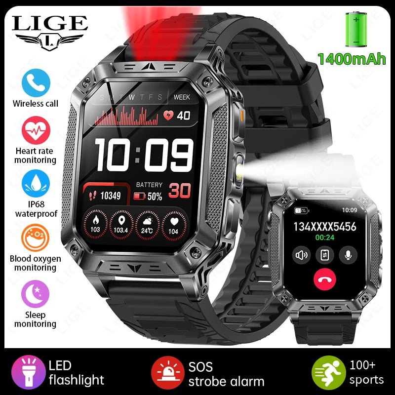 LIGE 1400mAh Large Capacity Battery Smart Watch Men Outdoor SOS Flashlight IP68 Sports Fitness Tracker Voice Calling Smartwatch