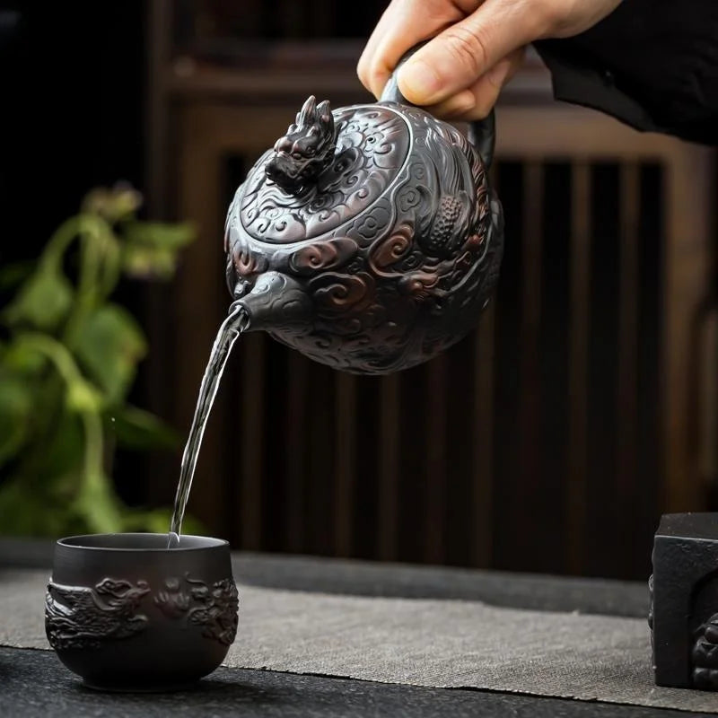 Jianshui Clay Purple Pottery Carving Dragon Teapot Hand Painted Antique Relief Teapot Household Teapot Kungfu Tea Set Kettle