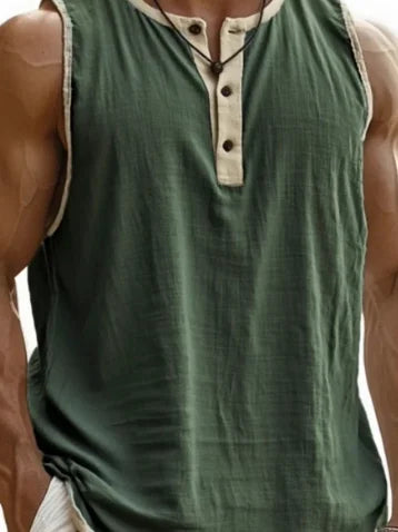 Summer 2025 Men's Fashion Cotton Sleeveless Fitness Casual Vest Color Block Trendy Button Decorated Loose Fit Sweat Wicking