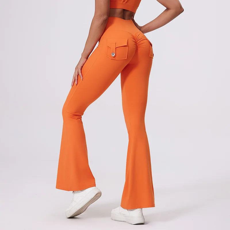 Workwear Pocket Pants, Women's Peach Bell Bottom Pants, Hip Lifting Sports Leggings, Fitness Pants, Micro Bell Bottom Pants
