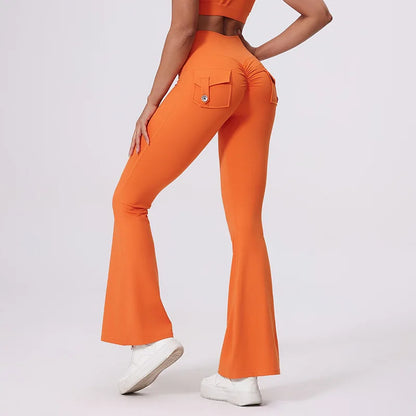 Workwear Pocket Pants, Women's Peach Bell Bottom Pants, Hip Lifting Sports Leggings, Fitness Pants, Micro Bell Bottom Pants