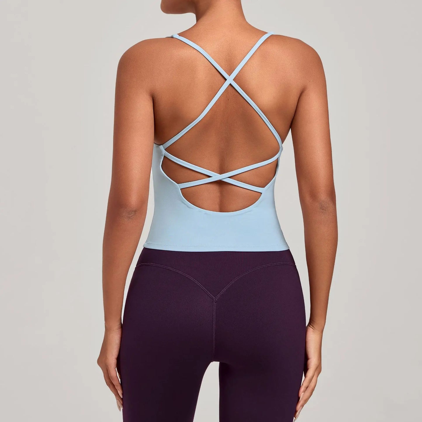 Sexy Cross Backless Sports Tank Tops with Cups Women Gym Clothing Sleeveless V-neck Fitness Active Vest Female Workout Slim Top