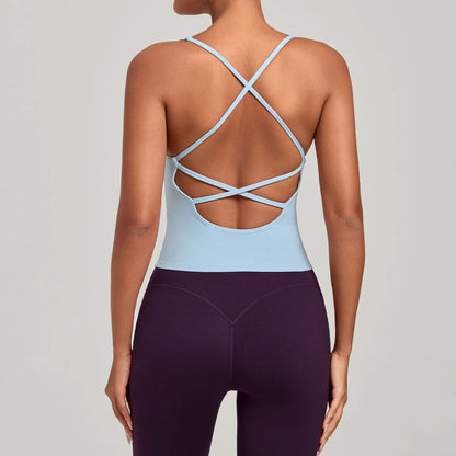 Sexy Cross Backless Sports Tank Tops with Cups Women Gym Clothing Sleeveless V-neck Fitness Active Vest Female Workout Slim Top