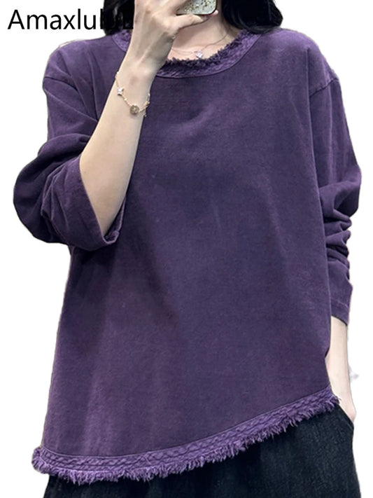 Amax LuluE Womens Fashion Korean Luxury Tops Ladies 2025 Autumn Leisure Vintage Tee Shirts Loose Cotton O Neck Fitness Clothing