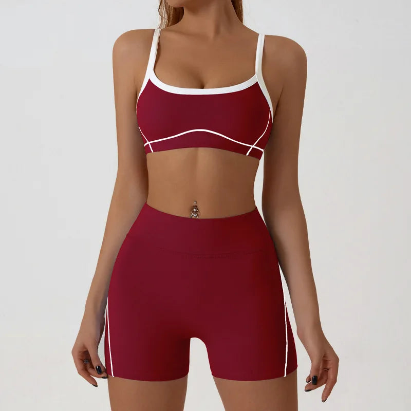 Nude High-elasticity Yoga Suit Contrasting Color Bra Halter Top Hip-lifting Fitness Line Shorts Pilates Sports Set