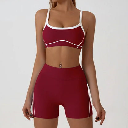 Nude High-elasticity Yoga Suit Contrasting Color Bra Halter Top Hip-lifting Fitness Line Shorts Pilates Sports Set