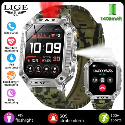 LIGE 1400mAh Large Capacity Battery Smart Watch Men Outdoor SOS Flashlight IP68 Sports Fitness Tracker Voice Calling Smartwatch