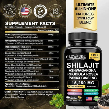 Shilajit Original Himalaya Supplements - 8 in 1 with Ginseng Ashwagandha for Brain, Memory, Concentration, Energy, Immune Health