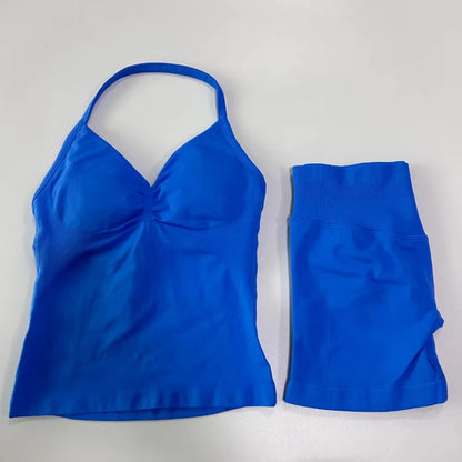 2Pcs Gym Set Women Backless Tank Tops High Waist Scrunch Seamless Shorts Gym Suit Fitness Clothes Activewear Workout Set
