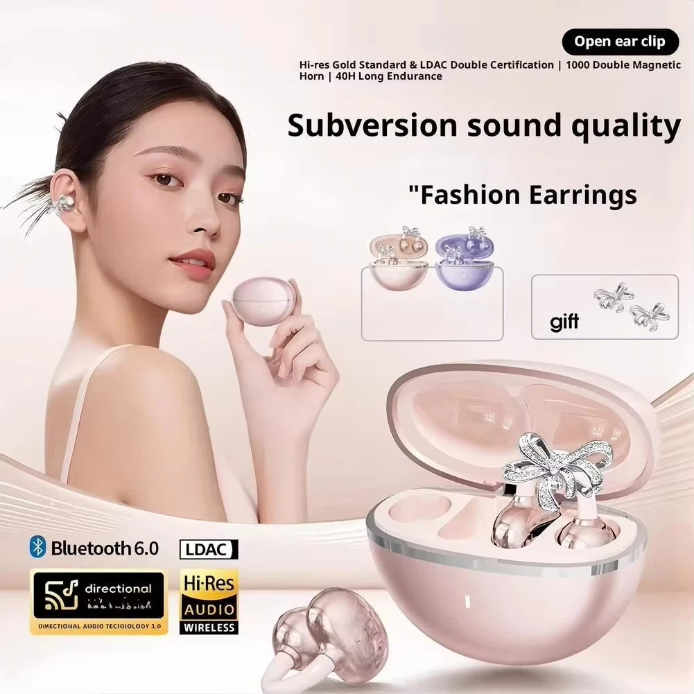 Vivo Wireless Bluetooth Open Ear Headphones Clip-on Earbuds with Detachable Crystal Bowknot Earrings For Sports Fitness Workouts