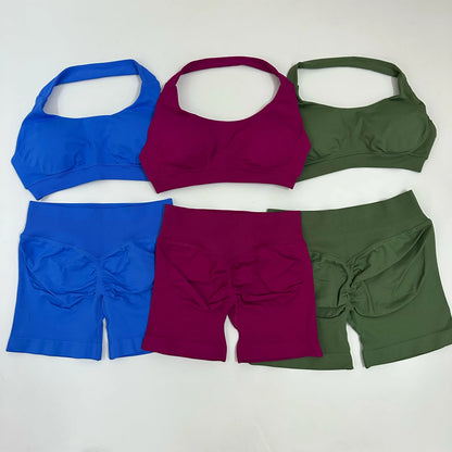 Yoga Shorts Sets Seamless Yoga Set Women 2Pcs Halter Sports Bra Scrunch Butt Gym Shorts Set Workout Clothes Summer Sportswear