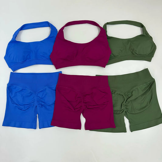 Yoga Shorts Sets Seamless Yoga Set Women 2Pcs Halter Sports Bra Scrunch Butt Gym Shorts Set Workout Clothes Summer Sportswear