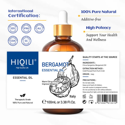 HIQILI Therapeutic Grade Essential Oil 100ml for Massage Relaxation Air Freshener Bergamot Peppermint Vanilla Chamomile Thyme