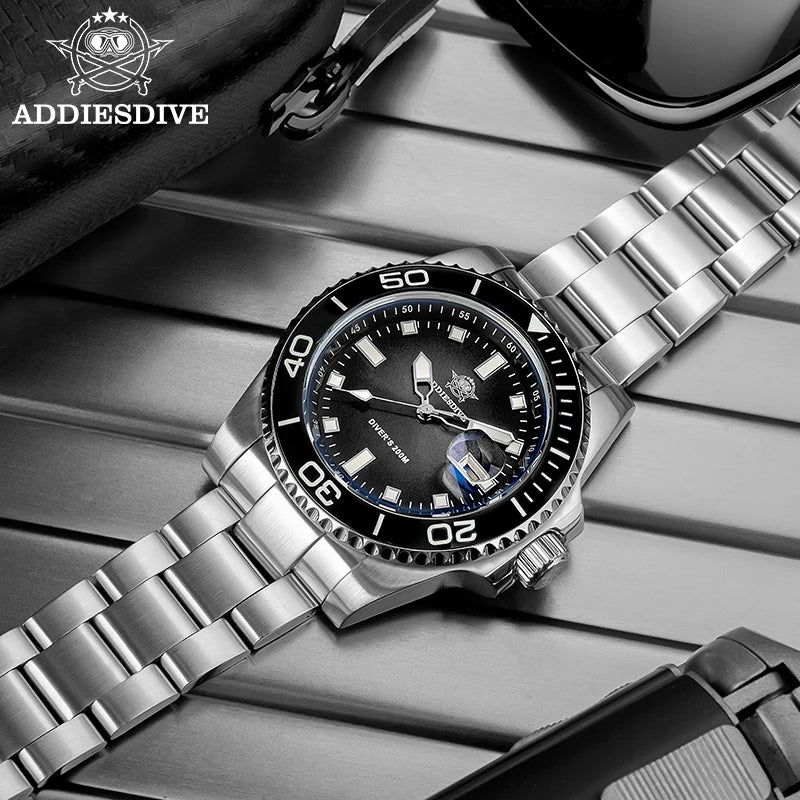 ADDIESDIVE New 41mm Men Watch Diving 200m Waterproof  AD2089 Top Brand Diver Wristwatch Stainless Steel Luminous Leisure Watch