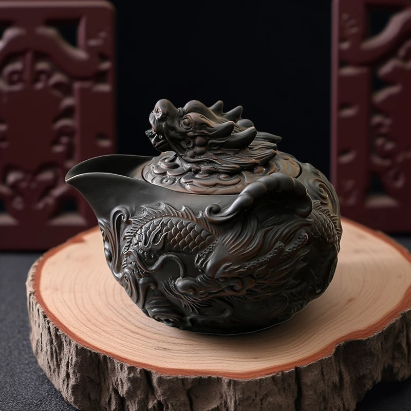 Jianshui Clay Purple Pottery Carving Dragon Teapot Hand Painted Antique Relief Teapot Household Teapot Kungfu Tea Set Kettle