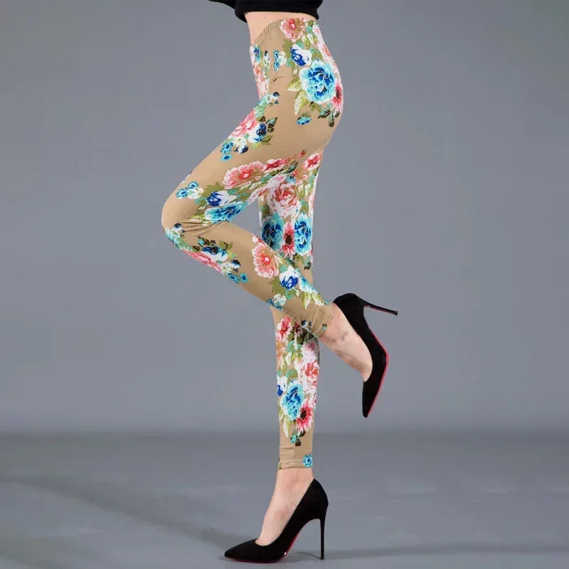 Women Floral Printed Exercise Colorful Peony Flower Female Elastic Leggins High Waist Pants Push Up Trousers Fitness Leggings