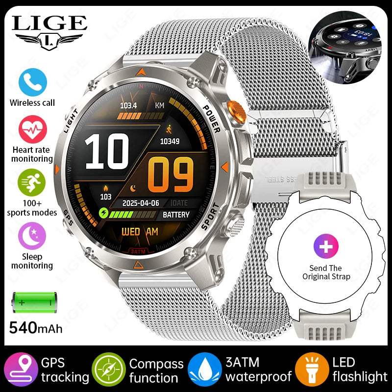 LIGE 2026 New Professional GPS Track Sports Smartwatch Outdoor RIDE Run Compass Altimeter 3ATM Fitness Bracelets 540mAh Watches