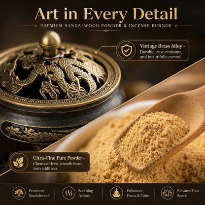 100% Pure Sandalwood Incense Powder 20g Kit Vintage Brass Burner Antique Dragon Censer For Zen Yoga Meditation Home Aromatherapy