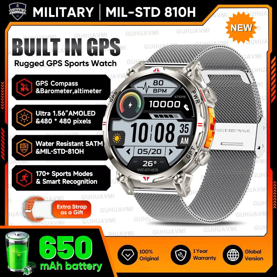 2026 Outdoor GPS Sports Smart Watch Men Built in GPS Compass 5ATM Waterproof Bluetooth Call HD AMOLED Screen Fitness Smartwatch