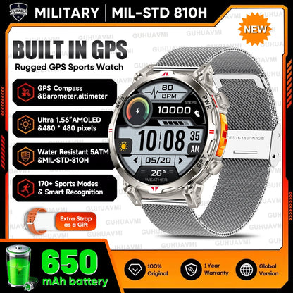 2026 Outdoor GPS Sports Smart Watch Men Built in GPS Compass 5ATM Waterproof Bluetooth Call HD AMOLED Screen Fitness Smartwatch