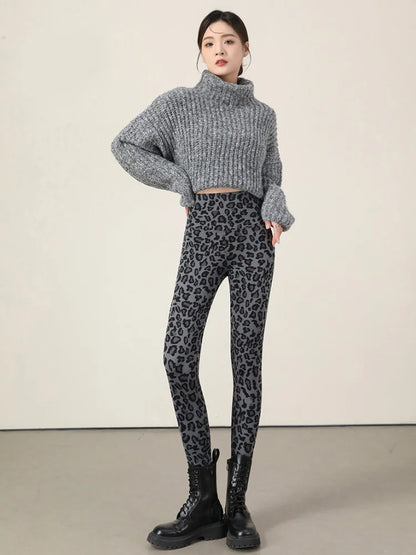 Autumn Winter Thin Velvet Fashion Leopard Sharkskin Leggings Women High Waisted Sexy Slim Tight Warm Leggings Yoga Pants