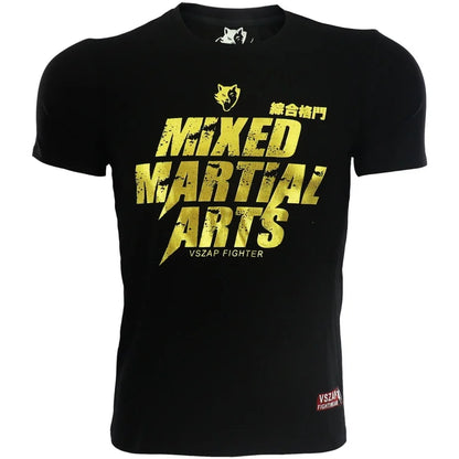 Vszap Muay Thai Comprehensive Fighting Boxing Golden Fitness T-shirt Men's Top Sports Casual Pure Cotton Stretch MMA Fight