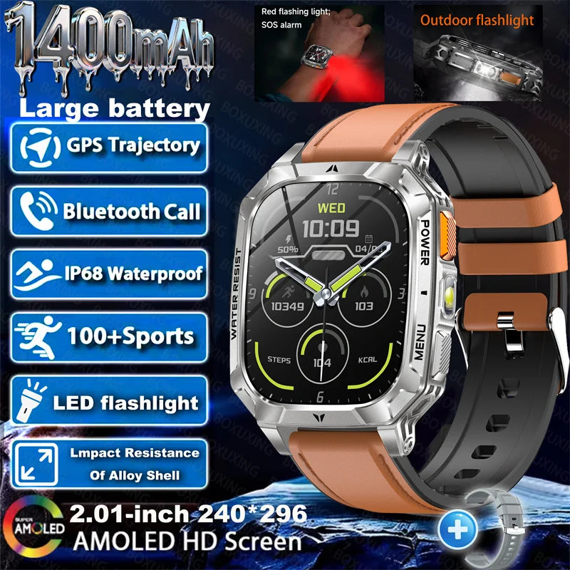 Outdoor military Smart Watch 1400mAh Battery Fitness Tracking 10ATM Waterproof Tactical Sports Flashlight Men's Phone Watches