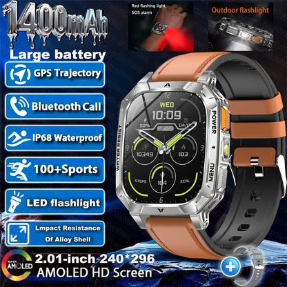 Outdoor military Smart Watch 1400mAh Battery Fitness Tracking 10ATM Waterproof Tactical Sports Flashlight Men's Phone Watches