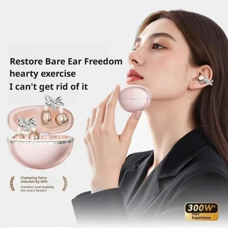 Vivo Wireless Bluetooth Open Ear Headphones Clip-on Earbuds with Detachable Crystal Bowknot Earrings For Sports Fitness Workouts