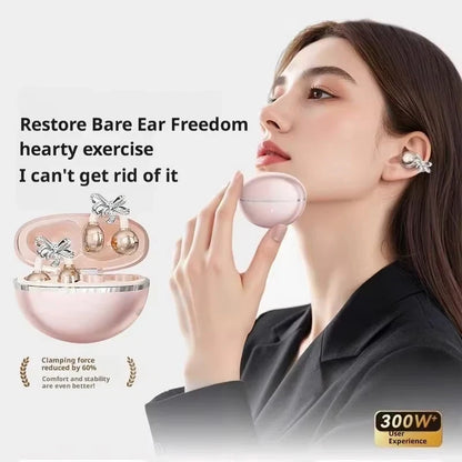 Vivo Wireless Bluetooth Open Ear Headphones Clip-on Earbuds with Detachable Crystal Bowknot Earrings For Sports Fitness Workouts