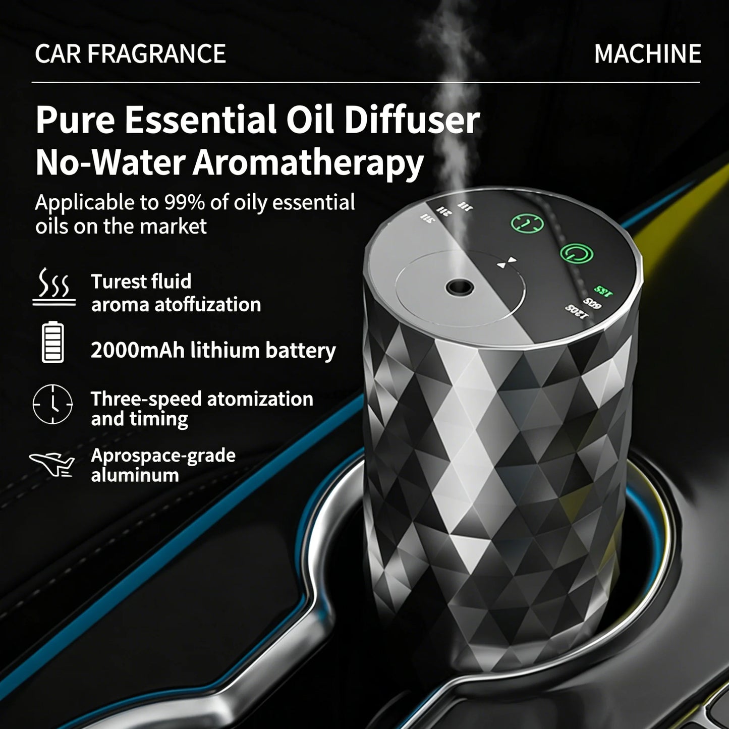 Smart Car Aluminum Alloy Aromatherapy Machine, Dual-Fluid Car Aromatherapy, Waterless Essential Oil Rechargeable Diffuser Fragra