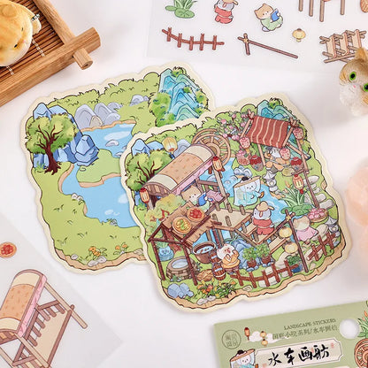 Rertro Cute Cartoon Chinese Courtyard 3D Sticker Set DIY Garden Miniature Diorama Decals Landscape Stickers for Journaling