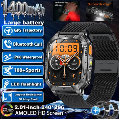 Outdoor military Smart Watch 1400mAh Battery Fitness Tracking 10ATM Waterproof Tactical Sports Flashlight Men's Phone Watches
