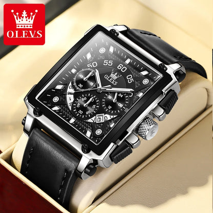 OLEVS 9919 Chronograph Multifunctional Quartz Men's Watch Leather strap 45MM Square Big Dial Leisure Sports TOP Brand Male Watch