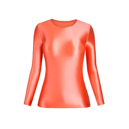 MJINM Glossy Satin Elastic Crewneck Longsleeve Breathable Tops Blouse Streetwear Sport Fitness Yoga Tees Casual Tight Undershirt
