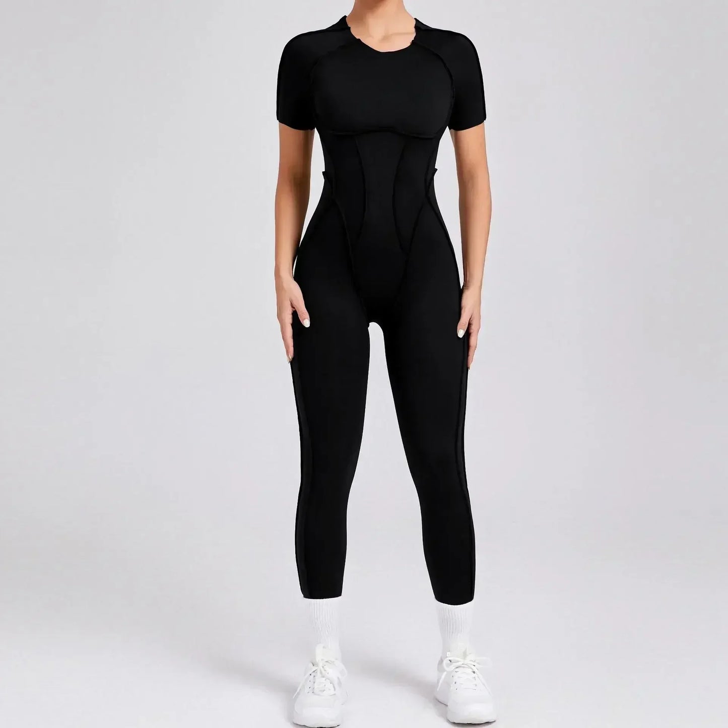 Seamless Yoga Jumpsuits Sports Fitness Combination Hip-lifting Open Back Short-sleeved Set Outdoors Gym Workout Tracksuits Women