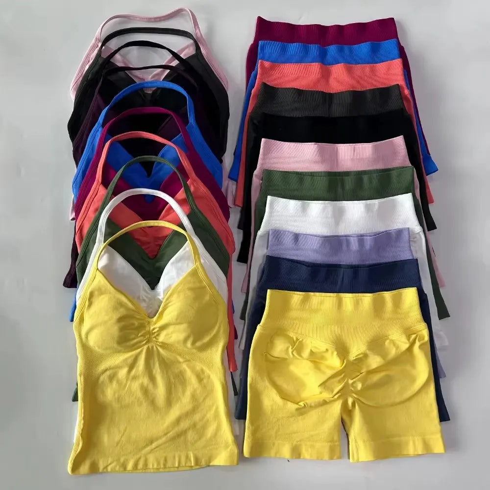 2Pcs Gym Set Women Backless Tank Tops High Waist Scrunch Seamless Shorts Gym Suit Fitness Clothes Activewear Workout Set