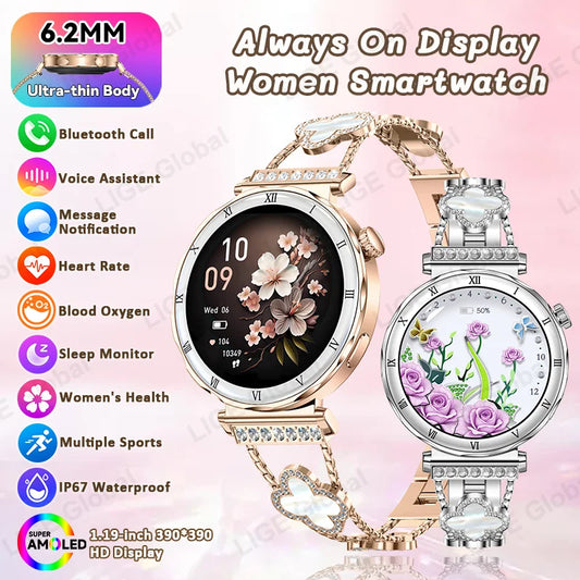 LIGE Ultra Thin Smart Watch Women Always On Display Clock Diamond Bracelet Sports BT Call AMOLED Fashion Smartwatch Ladies Gift