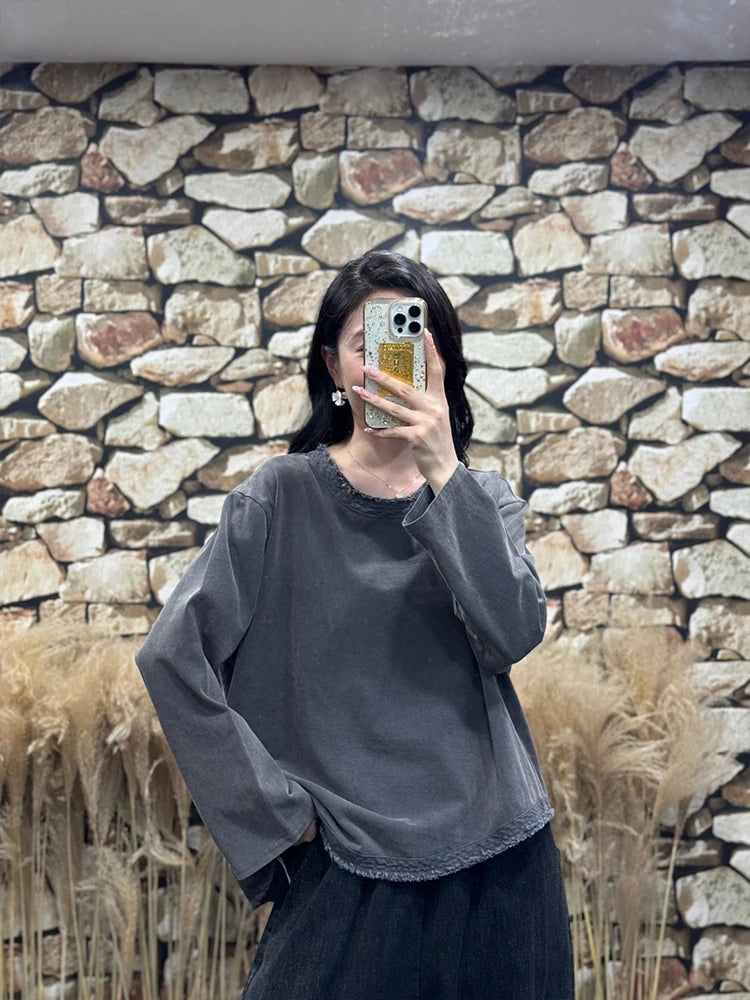 Amax LuluE Womens Fashion Korean Luxury Tops Ladies 2025 Autumn Leisure Vintage Tee Shirts Loose Cotton O Neck Fitness Clothing