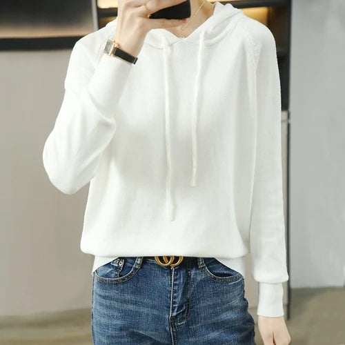 Women Sweater 2025 Autumn Winter Hooded Pullovers Long Sleeve Bottoming Shirts Loose Knitted Jumpers Solid Casual Ladies Sweater