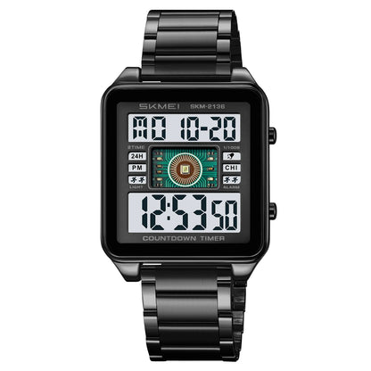 SKMEI 2136 lighting Stylish Mens Digital Watch Stainless Steel Countdown Stopwatch Wristwatch Fashion Electronic Movement Clock