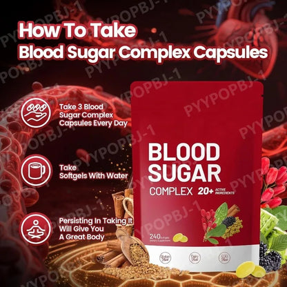 Blood Sugar Complex Supplement Advanced Formula with 20 Herbs and Vitamins Daily Health Support 240 Softgels Per Bag Vegan