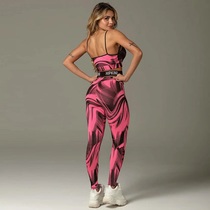 Oshoplive Female Sportswear Two Pieces Set Sports Red Printed Patchwork Mesh Tanks&Leggings Gym Yoga Suits For Women 2025 New