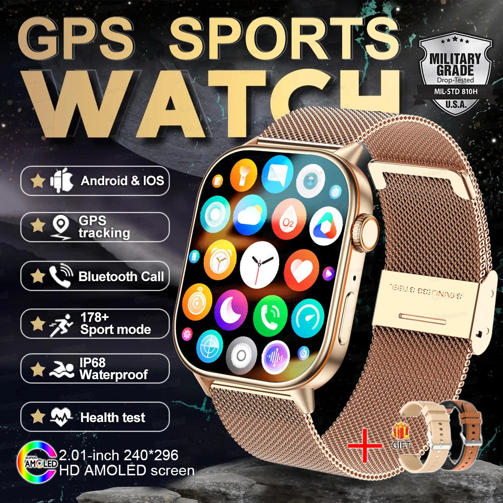 2025 New Outdoor Military GPS Smart Watch 2.01-inch AMOLED Screen BT Call 178+ Sport Mode IP68 Waterproof Smartwatches Man Women