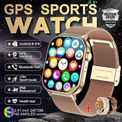 2025 New Outdoor Military GPS Smart Watch 2.01-inch AMOLED Screen BT Call 178+ Sport Mode IP68 Waterproof Smartwatches Man Women