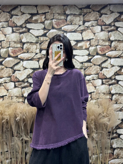 Amax LuluE Womens Fashion Korean Luxury Tops Ladies 2025 Autumn Leisure Vintage Tee Shirts Loose Cotton O Neck Fitness Clothing