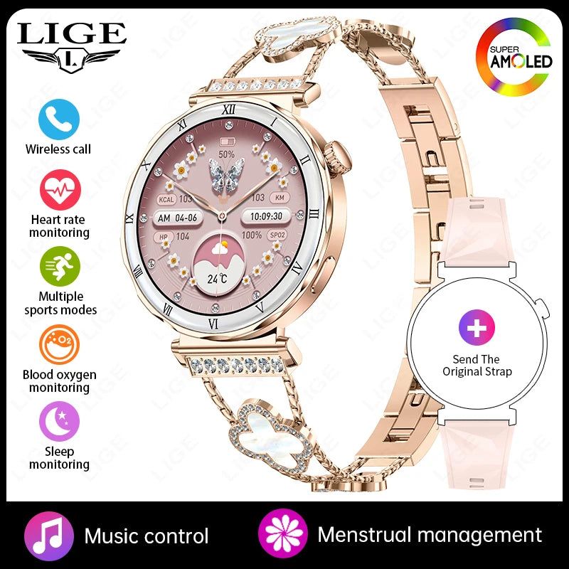 LIGE Ultra Thin Smart Watch Women Always On Display Clock Diamond Bracelet Sports BT Call AMOLED Fashion Smartwatch Ladies Gift